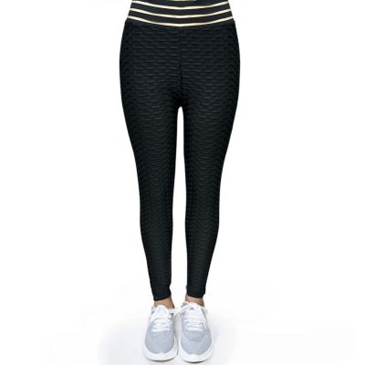 Women High-Waist Honeycomb Textured Leggings with sheer striped waist band Black